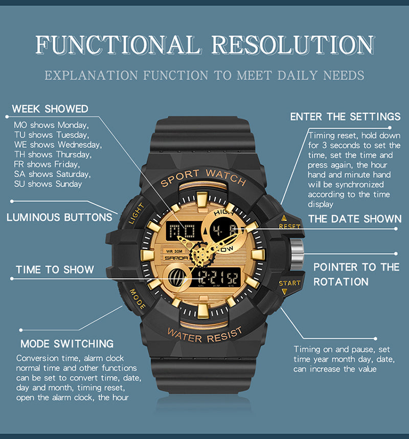 SANDA-7800 Sports Electronic Waterproof Men’s Watch – Dual Display Luxury Outdoor Wat