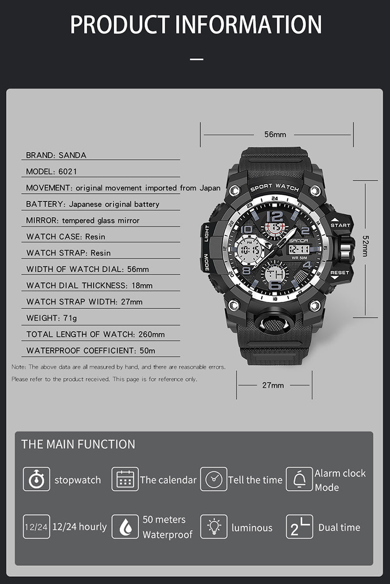 SANDA-60210 Men’s Sports Watch – Dual Display Waterproof Quartz & LED Military Wristwatch