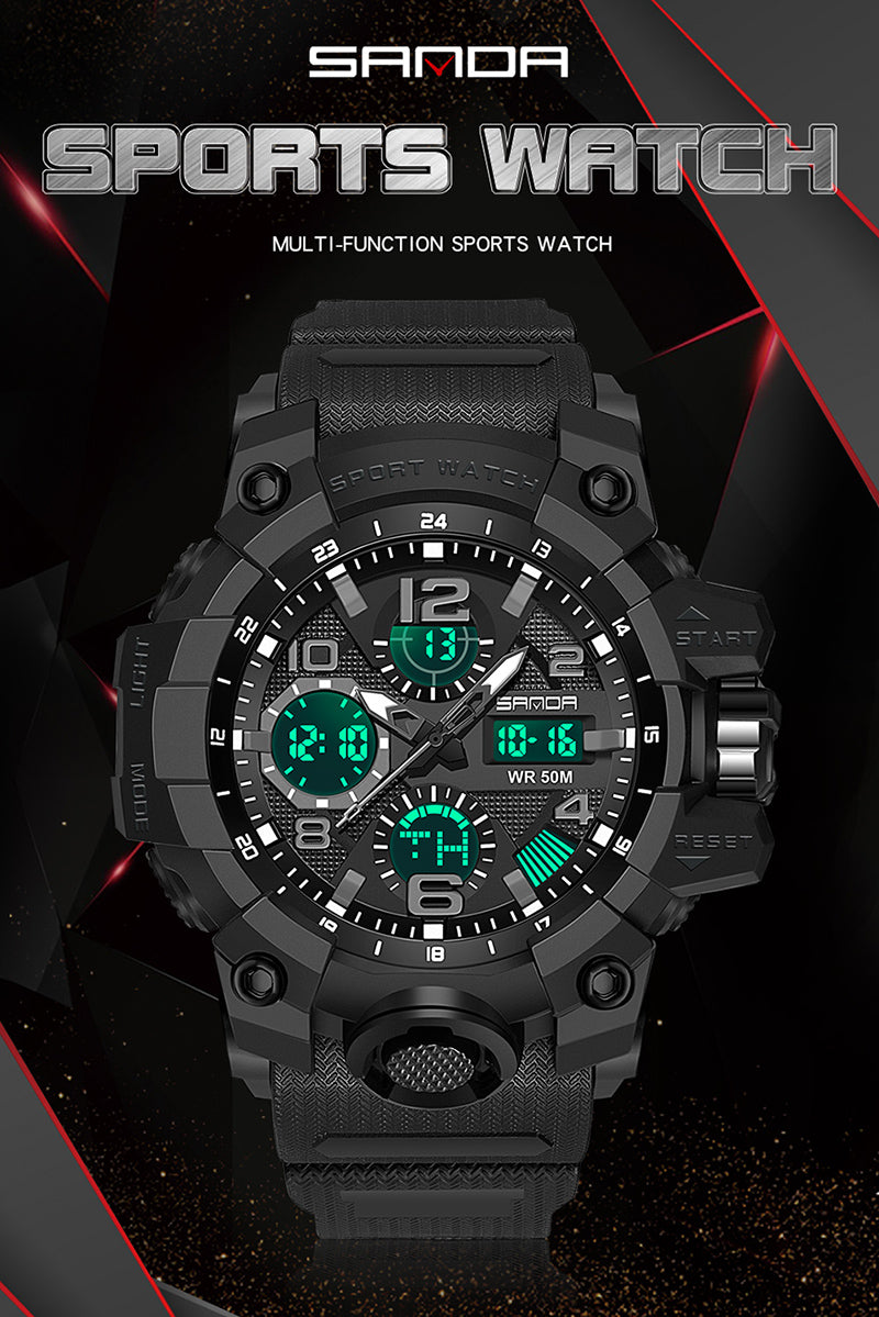 SANDA-60210 Men’s Sports Watch – Dual Display Waterproof Quartz & LED Military Wristwatch
