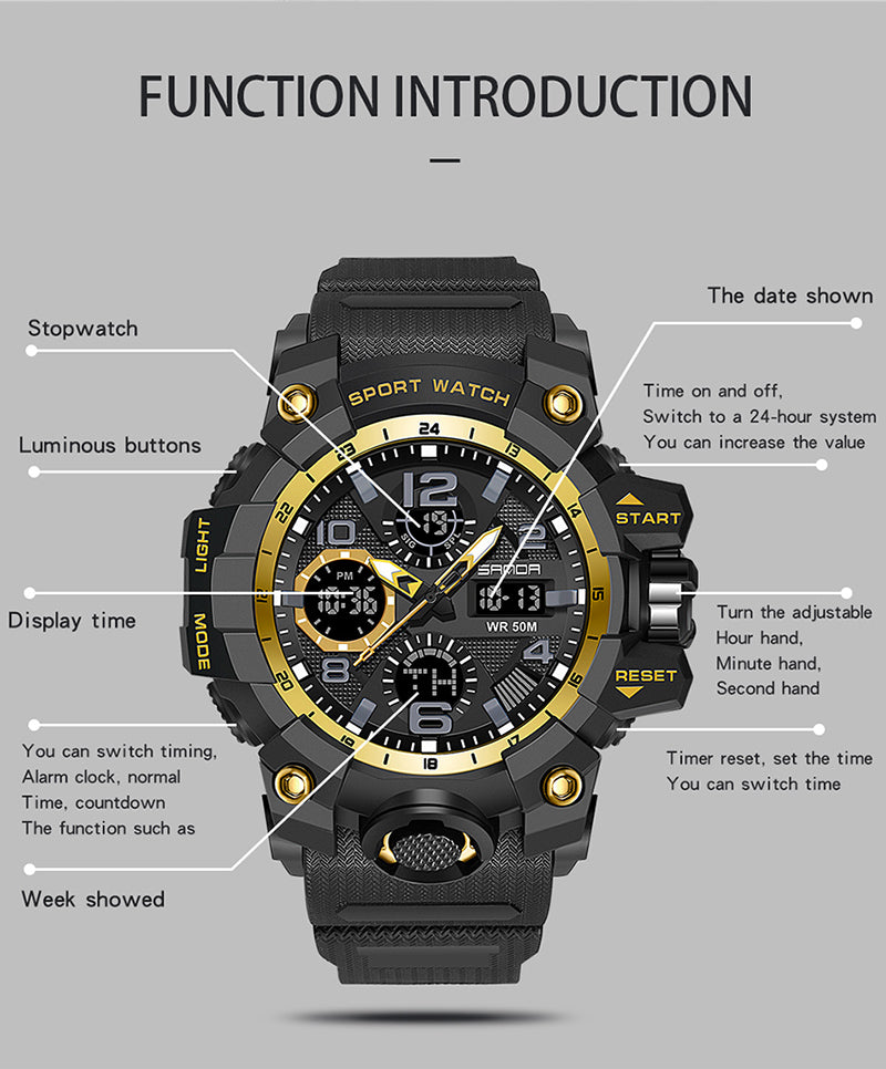 SANDA-60210 Men’s Sports Watch – Dual Display Waterproof Quartz & LED Military Wristwatch