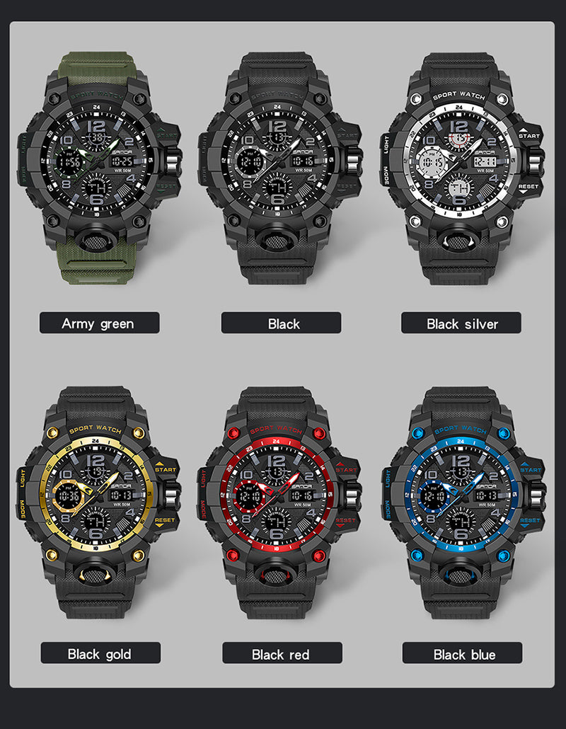 SANDA-60210 Men’s Sports Watch – Dual Display Waterproof Quartz & LED Military Wristwatch