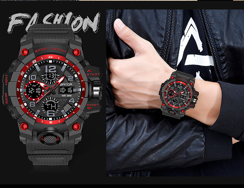 SANDA-60210 Men’s Sports Watch – Dual Display Waterproof Quartz & LED Military Wristwatch