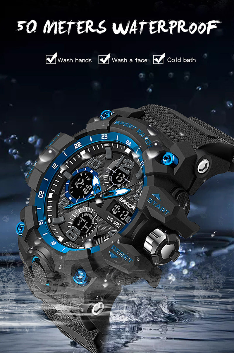 SANDA-60210 Men’s Sports Watch – Dual Display Waterproof Quartz & LED Military Wristwatch