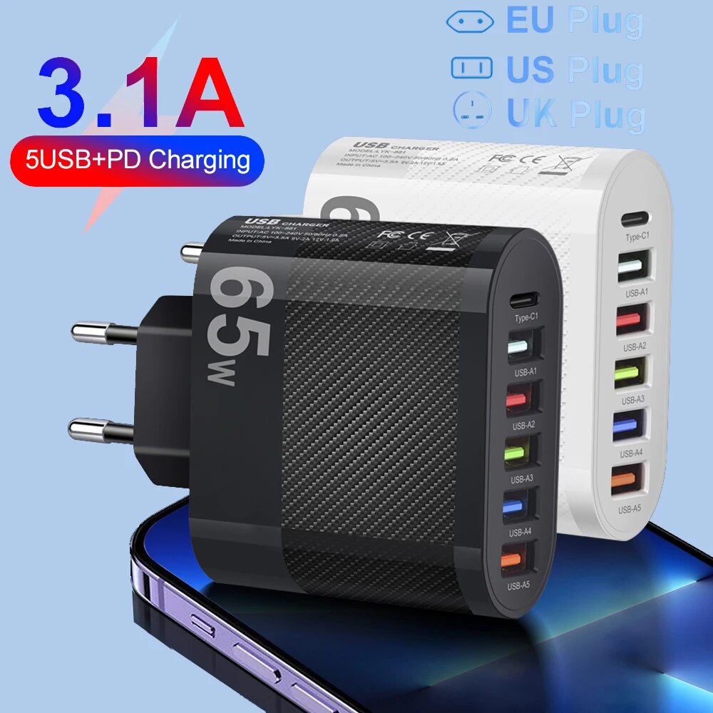 3.1A 5-Port USB Wall Charger 65W PD Adapter | QC 3.0 Fast Charging for iPhone, Samsung, Xiaomi, Huawei