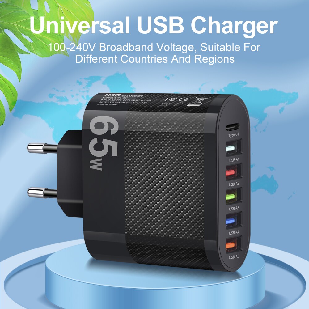 3.1A 5-Port USB Wall Charger 65W PD Adapter | QC 3.0 Fast Charging for iPhone, Samsung, Xiaomi, Huawei