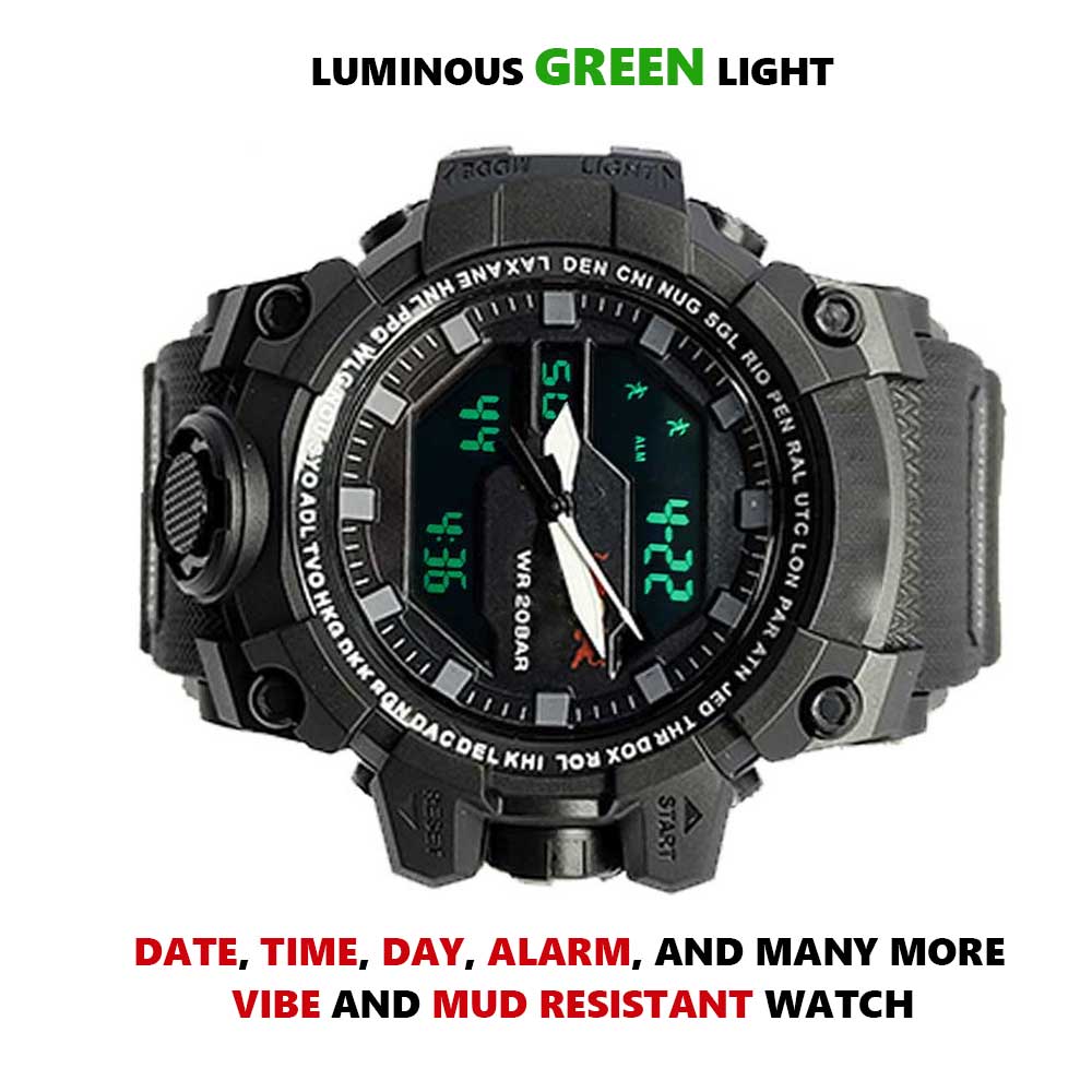 Military Mud Resist Dual Time Waterproof Sports Watch – Analog Digital Men’s Watch with Alarm & Stopwatch