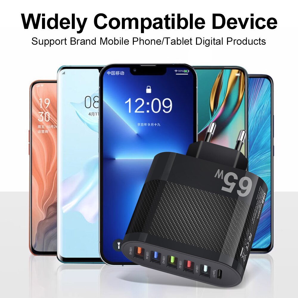 3.1A 5-Port USB Wall Charger 65W PD Adapter | QC 3.0 Fast Charging for iPhone, Samsung, Xiaomi, Huawei