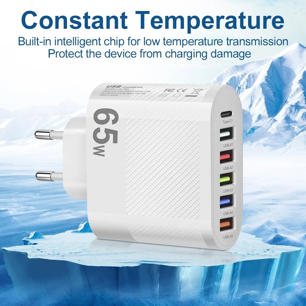 3.1A 5-Port USB Wall Charger 65W PD Adapter | QC 3.0 Fast Charging for iPhone, Samsung, Xiaomi, Huawei
