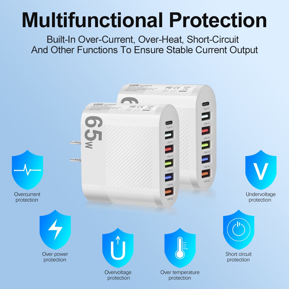 3.1A 5-Port USB Wall Charger 65W PD Adapter | QC 3.0 Fast Charging for iPhone, Samsung, Xiaomi, Huawei