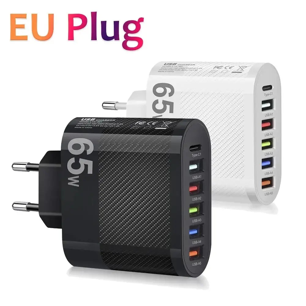 3.1A 5-Port USB Wall Charger 65W PD Adapter | QC 3.0 Fast Charging for iPhone, Samsung, Xiaomi, Huawei
