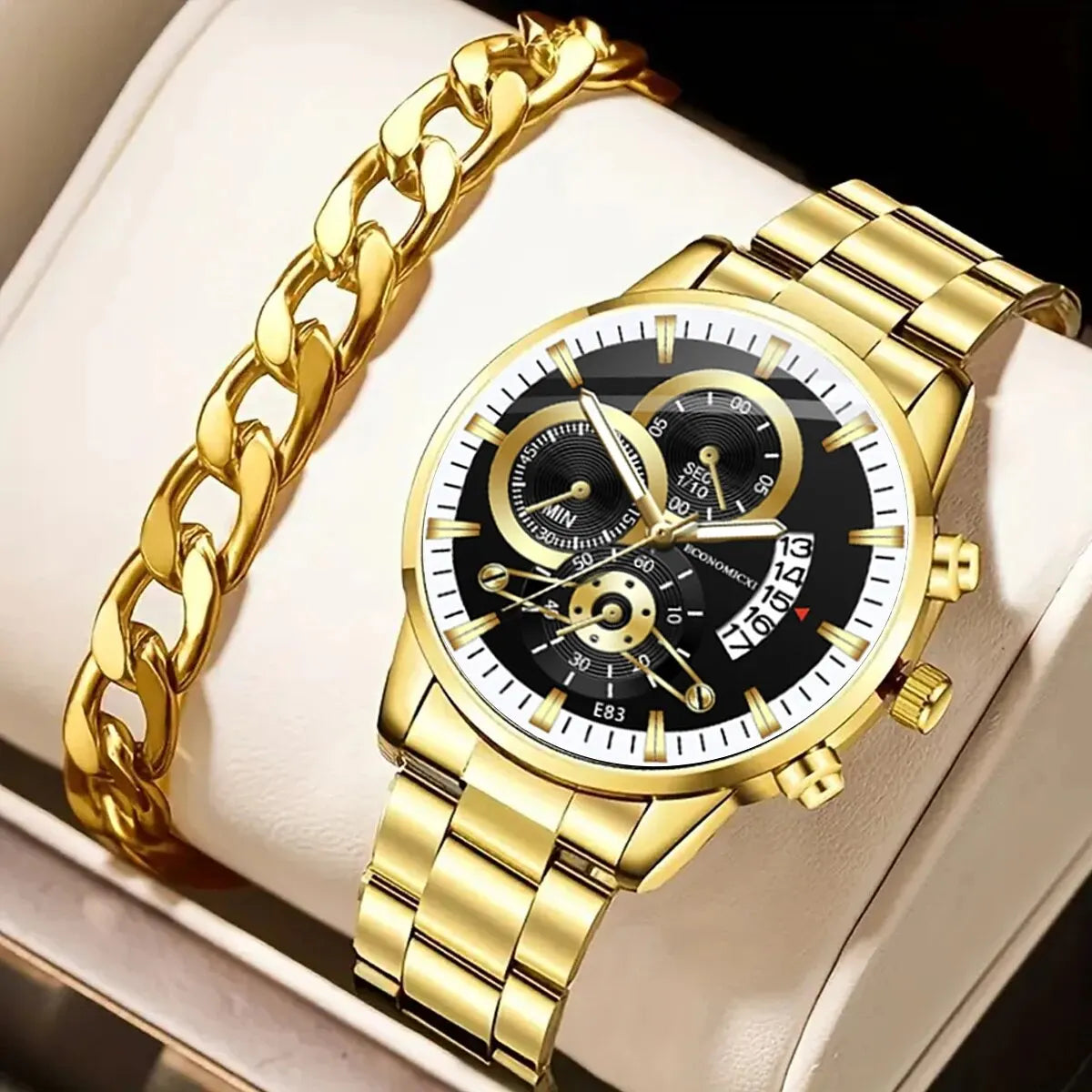 Q-4470 Men’s Quartz Watch & Alloy Bracelet Set – Business Casual