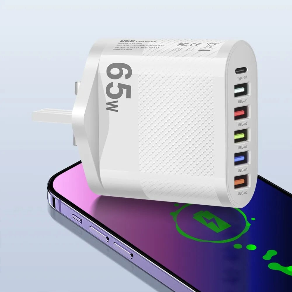 3.1A 5-Port USB Wall Charger 65W PD Adapter | QC 3.0 Fast Charging for iPhone, Samsung, Xiaomi, Huawei
