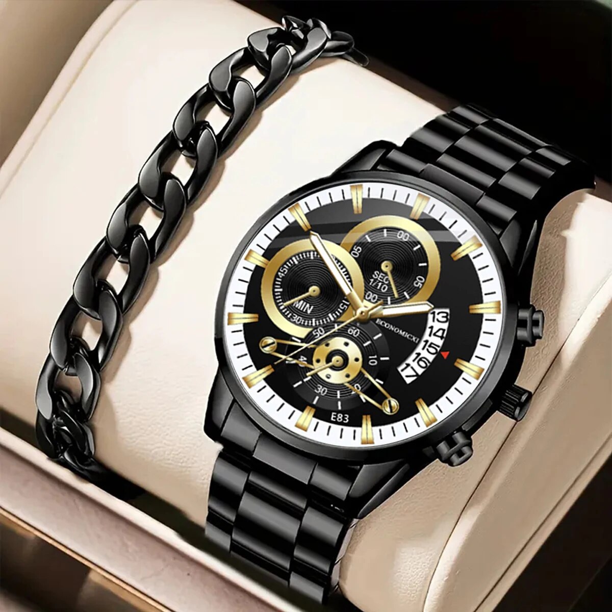 Q-4470 Men’s Quartz Watch & Alloy Bracelet Set – Business Casual