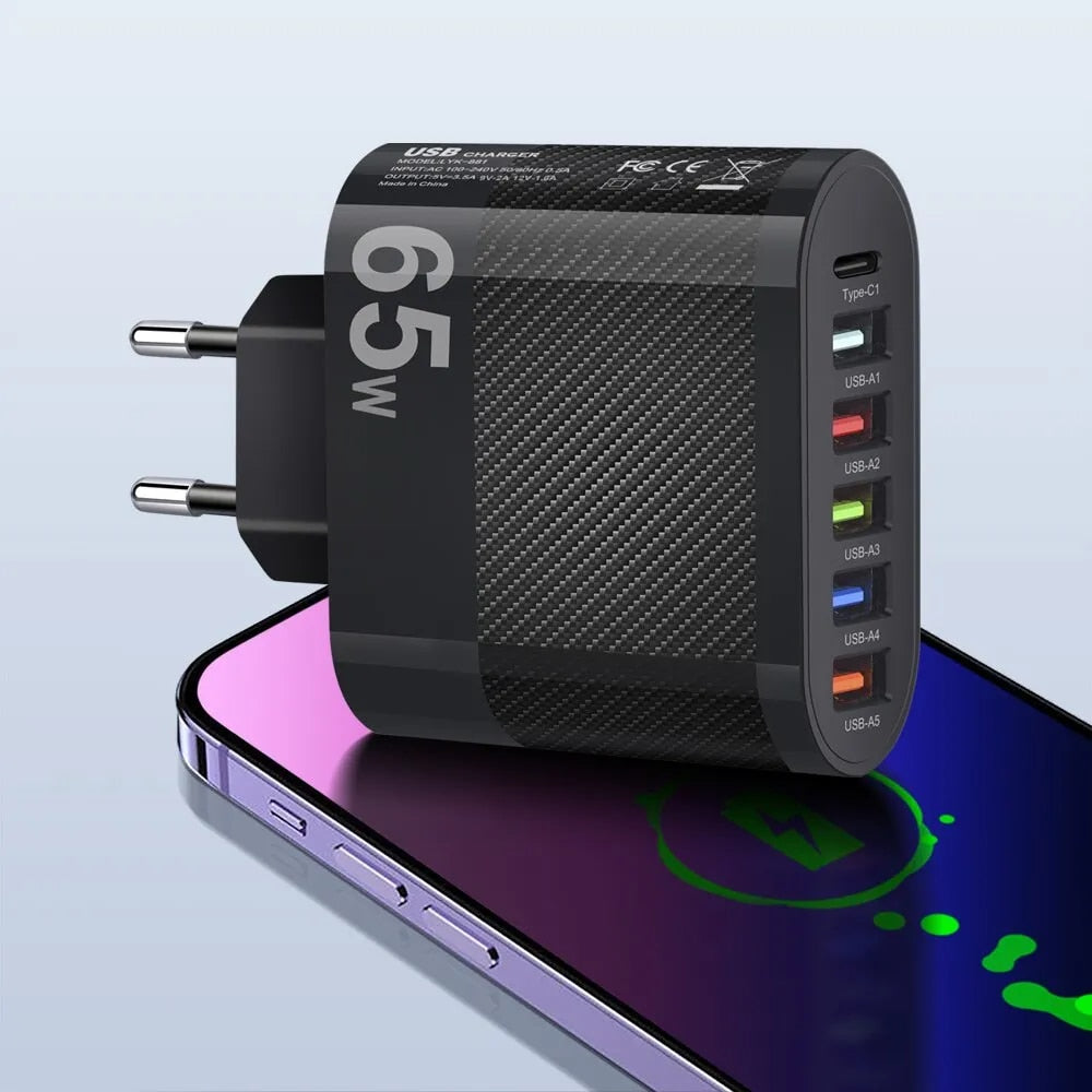 3.1A 5-Port USB Wall Charger 65W PD Adapter | QC 3.0 Fast Charging for iPhone, Samsung, Xiaomi, Huawei