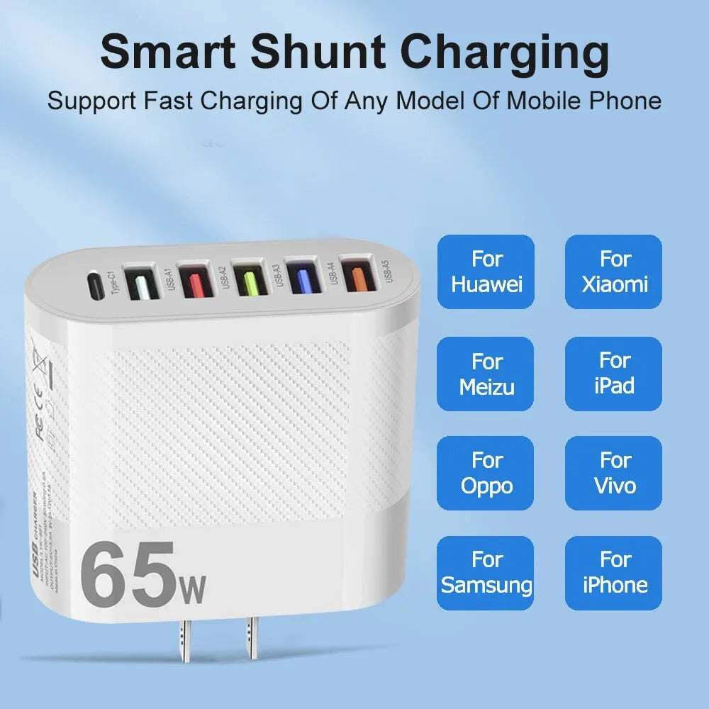 3.1A 5-Port USB Wall Charger 65W PD Adapter | QC 3.0 Fast Charging for iPhone, Samsung, Xiaomi, Huawei