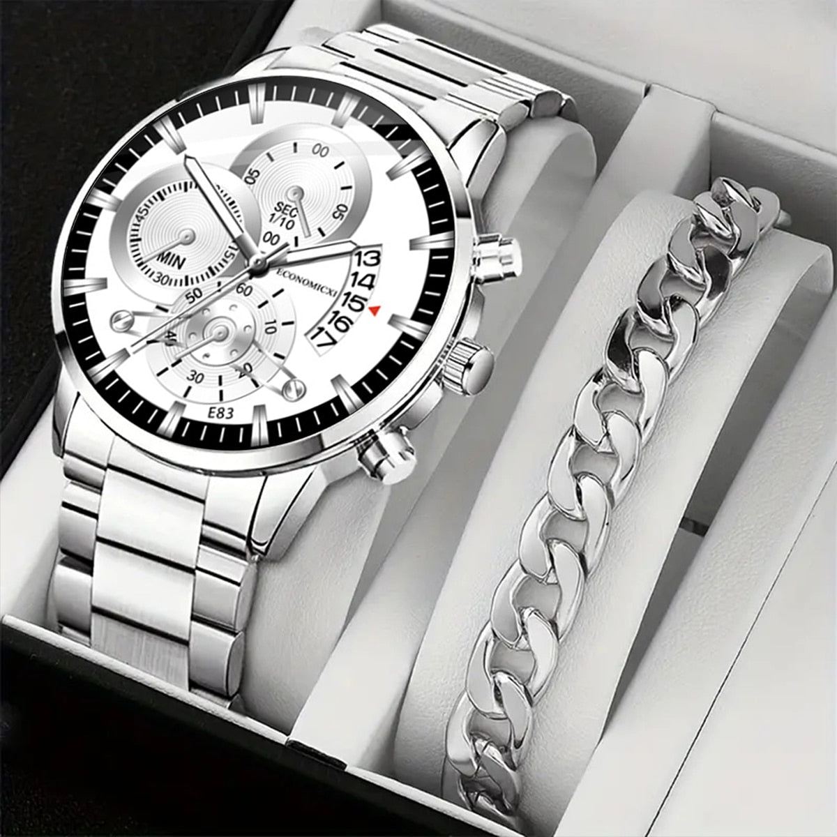 Q-4470 Men’s Quartz Watch & Alloy Bracelet Set – Business Casual