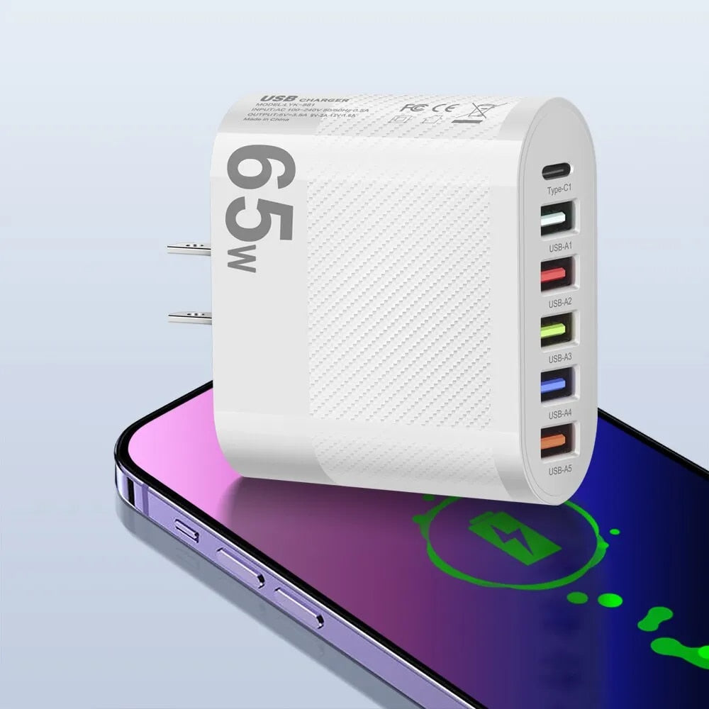 3.1A 5-Port USB Wall Charger 65W PD Adapter | QC 3.0 Fast Charging for iPhone, Samsung, Xiaomi, Huawei