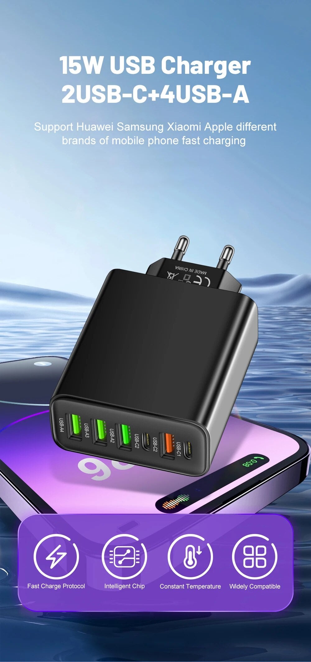 65W 6-Port Wall Charger β 4 USB & 2 Type-C Quick Charge Adapter for iPhone, Samsung, Xiaomi, Huawei, Oppo