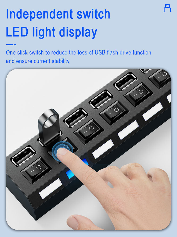 7-Port USB Splitter Hub with Independent Switches – Laptop & Desktop Expander