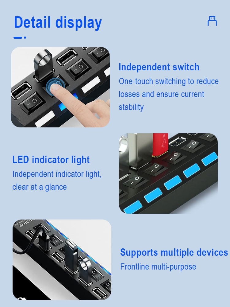 7-Port USB Splitter Hub with Independent Switches – Laptop & Desktop Expander