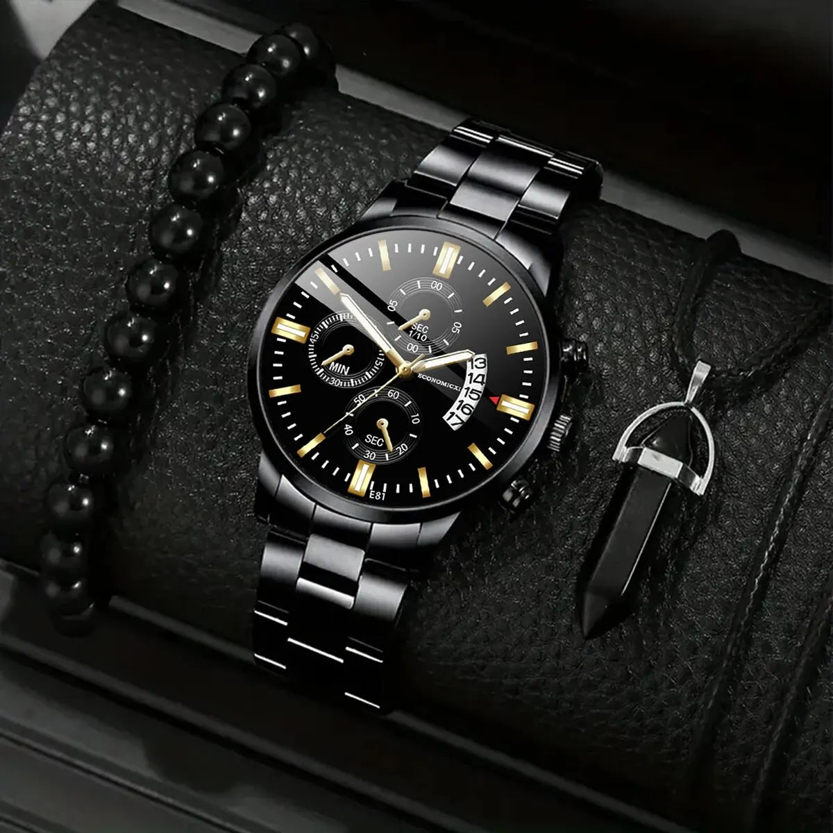 Q-2541 Men’s Fashion Business Casual Quartz Watch & Alloy Bracelet Set