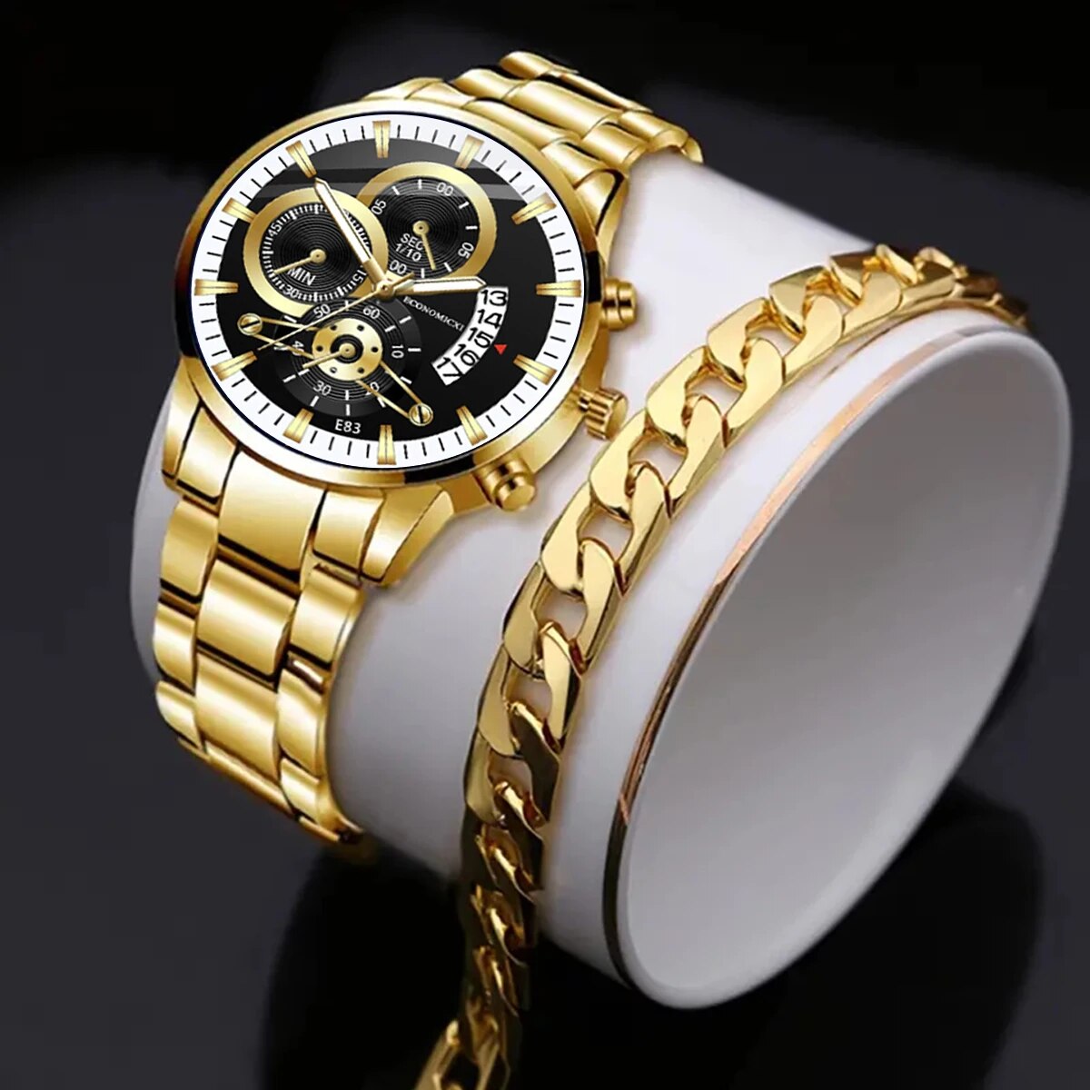 Q-4470 Men’s Quartz Watch & Alloy Bracelet Set – Business Casual