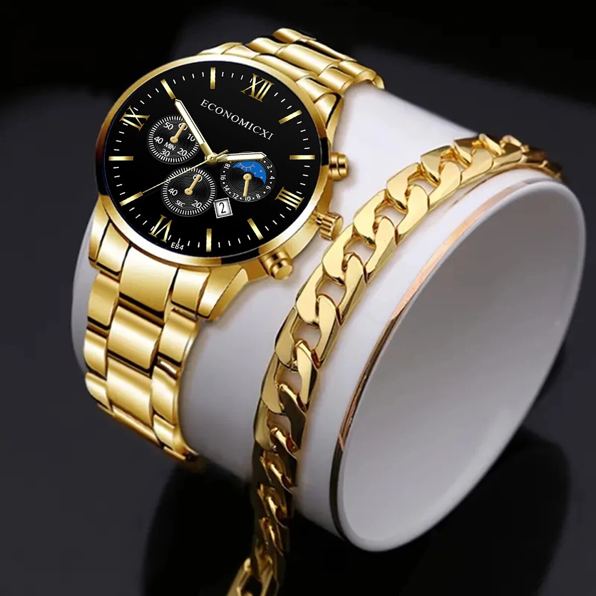Q-3540 Quartz Watch 2Pcs Men’s Fashion Business Casual Quartz Watch & Alloy Bracelet Set