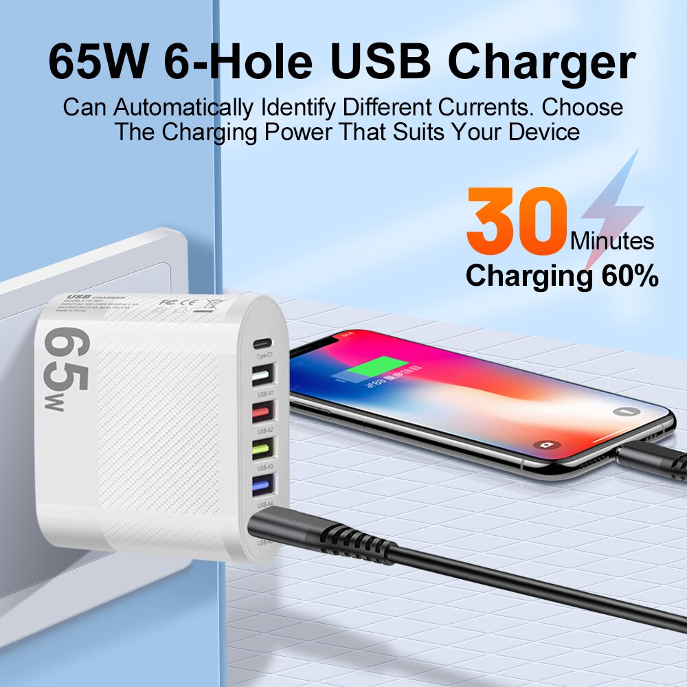 3.1A 5-Port USB Wall Charger 65W PD Adapter | QC 3.0 Fast Charging for iPhone, Samsung, Xiaomi, Huawei