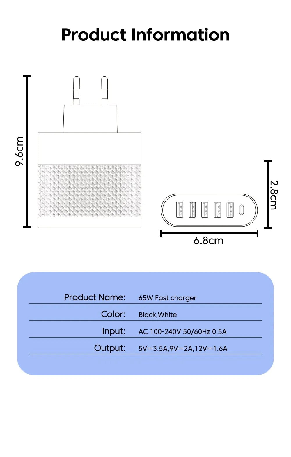 3.1A 5-Port USB Wall Charger 65W PD Adapter | QC 3.0 Fast Charging for iPhone, Samsung, Xiaomi, Huawei