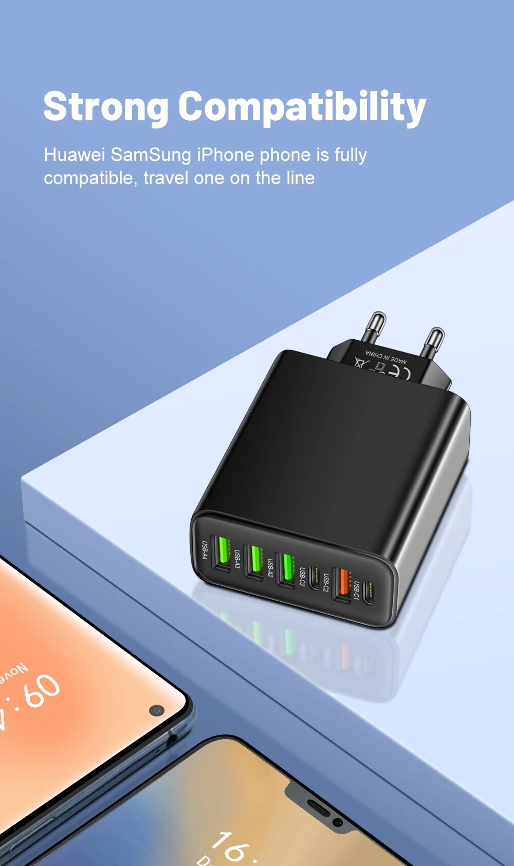 65W 6-Port Wall Charger β 4 USB & 2 Type-C Quick Charge Adapter for iPhone, Samsung, Xiaomi, Huawei, Oppo