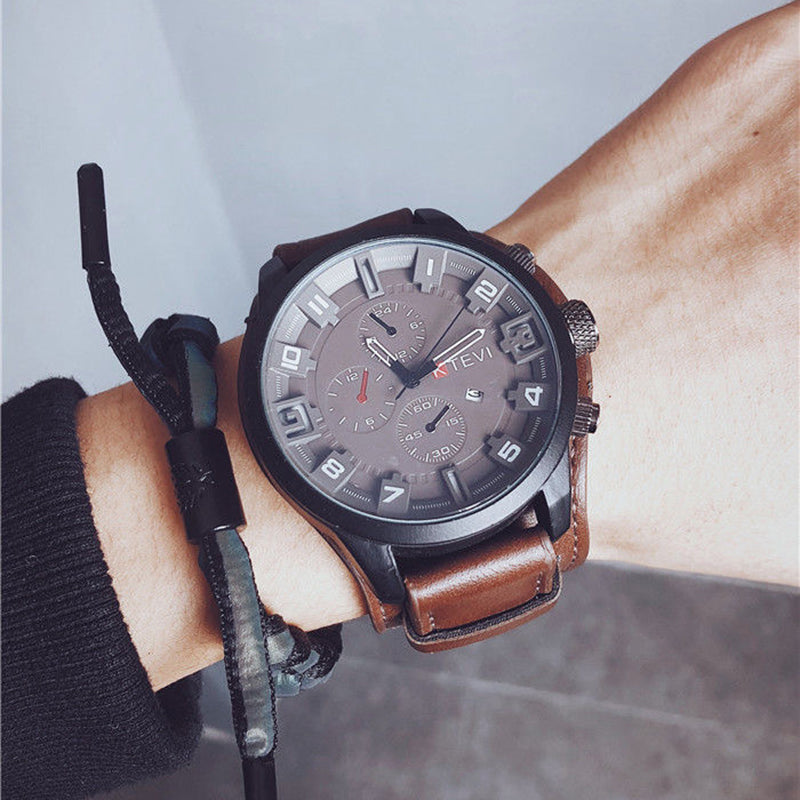 YIKAZE R-1150 Retro Men's Watches Classic Luxury Business Quartz Watch Fashion Big Dial Leather Strap Date Military Wristwatch for Men