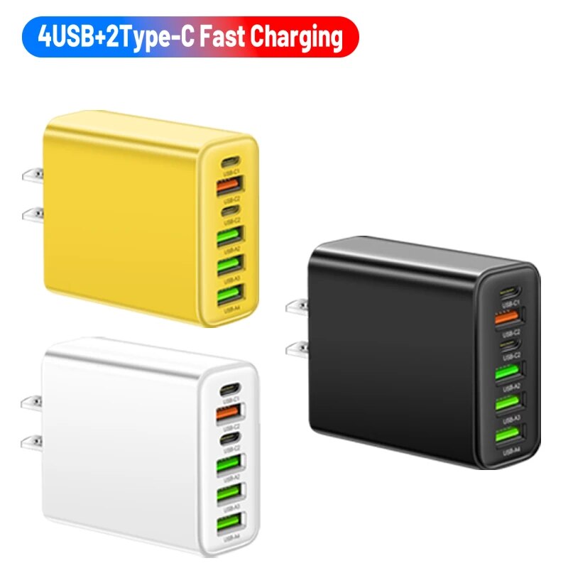 65W 6-Port Wall Charger β 4 USB & 2 Type-C Quick Charge Adapter for iPhone, Samsung, Xiaomi, Huawei, Oppo