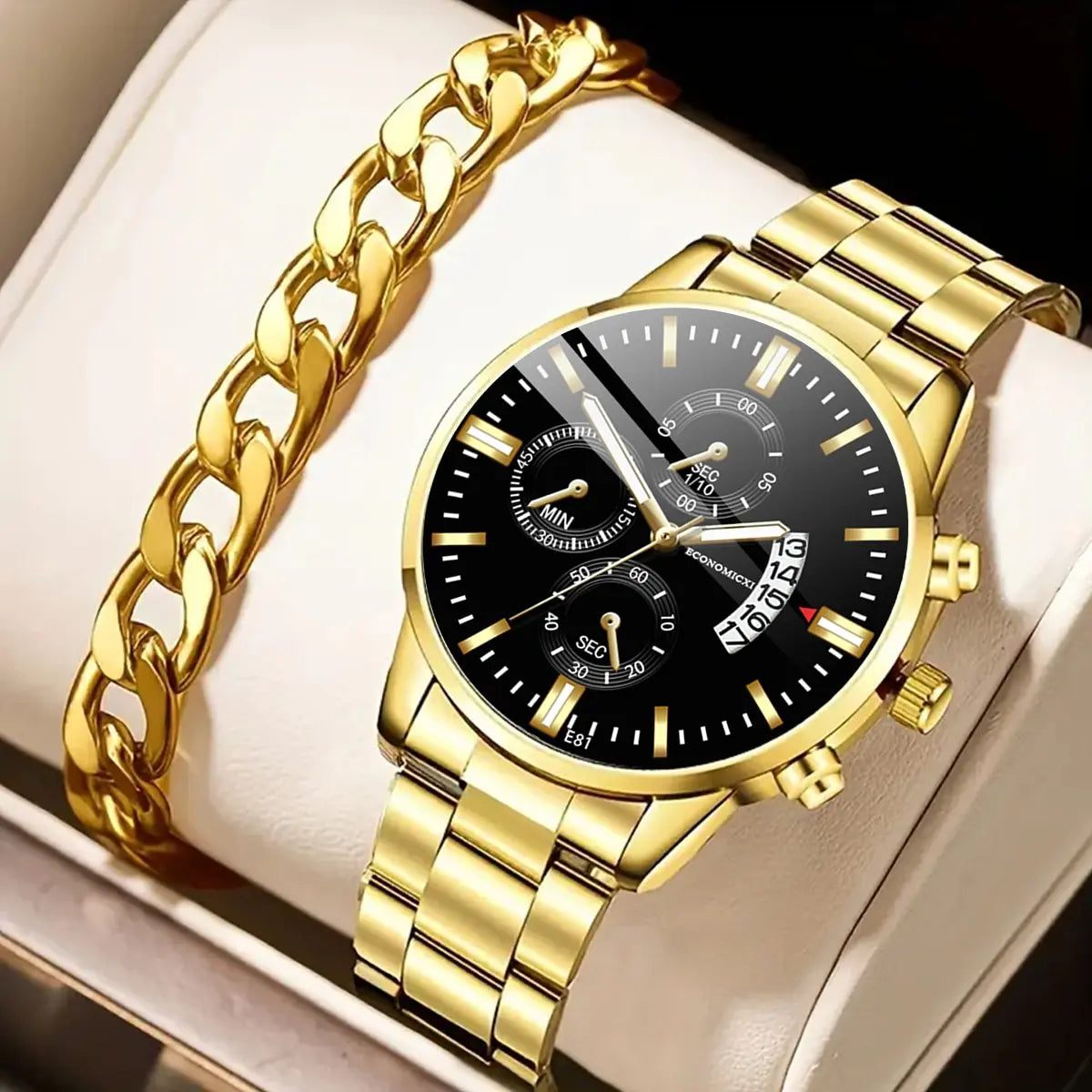 Q-2541 Men’s Fashion Business Casual Quartz Watch & Alloy Bracelet Set