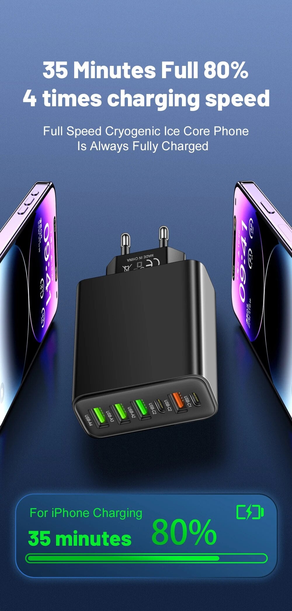 65W 6-Port Wall Charger β 4 USB & 2 Type-C Quick Charge Adapter for iPhone, Samsung, Xiaomi, Huawei, Oppo