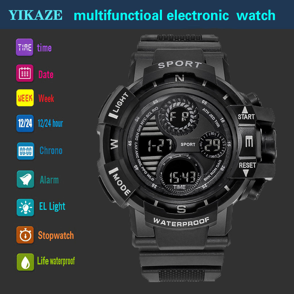 YIKAZE-S10 Black Digital Sports Watch β Waterproof Military LED Chronograph for Men