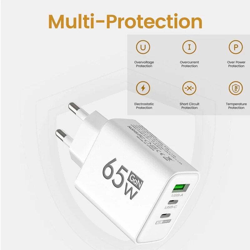 GaN 65W USB Type-C PD 3.0 Quick Charger | Fast Wall Adapter for iPhone 15, Samsung, Xiaomi, Huawei, OnePlus