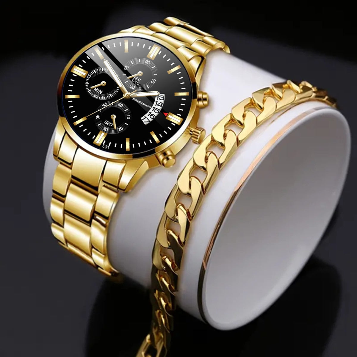 Q-2541 Men’s Fashion Business Casual Quartz Watch & Alloy Bracelet Set