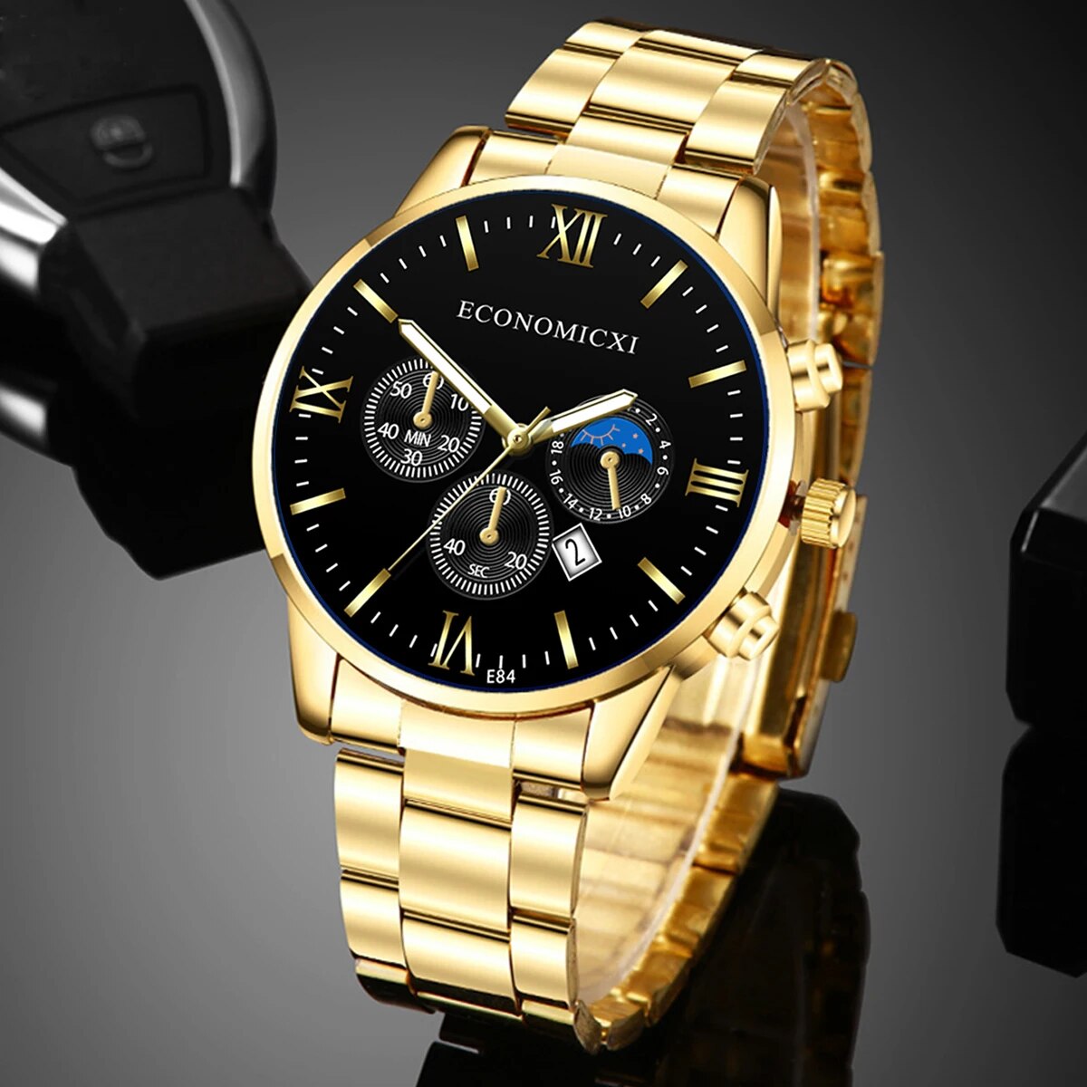 Q-3540 Quartz Watch 2Pcs Men’s Fashion Business Casual Quartz Watch & Alloy Bracelet Set