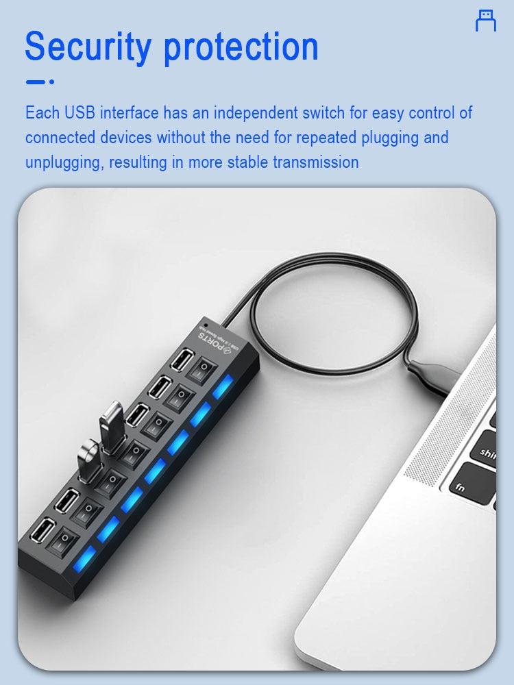 7-Port USB Splitter Hub with Independent Switches – Laptop & Desktop Expander