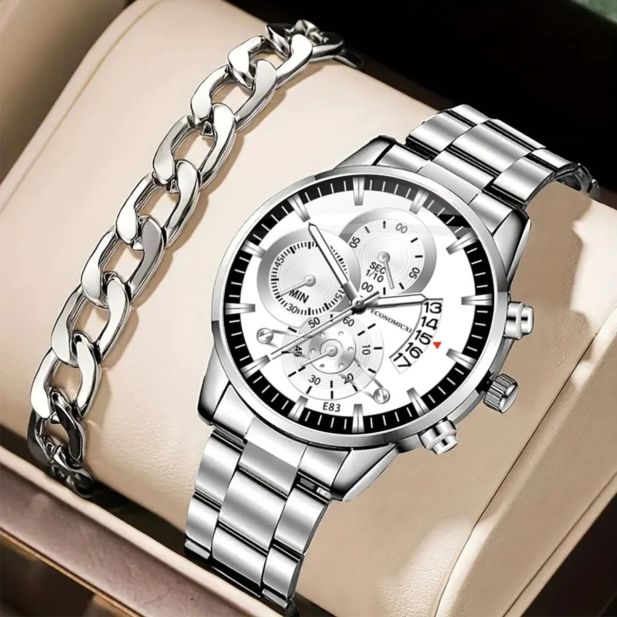 Q-4470 Men’s Quartz Watch & Alloy Bracelet Set – Business Casual