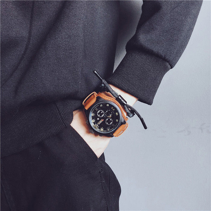 YIKAZE R-1150 Retro Men's Watches Classic Luxury Business Quartz Watch Fashion Big Dial Leather Strap Date Military Wristwatch for Men