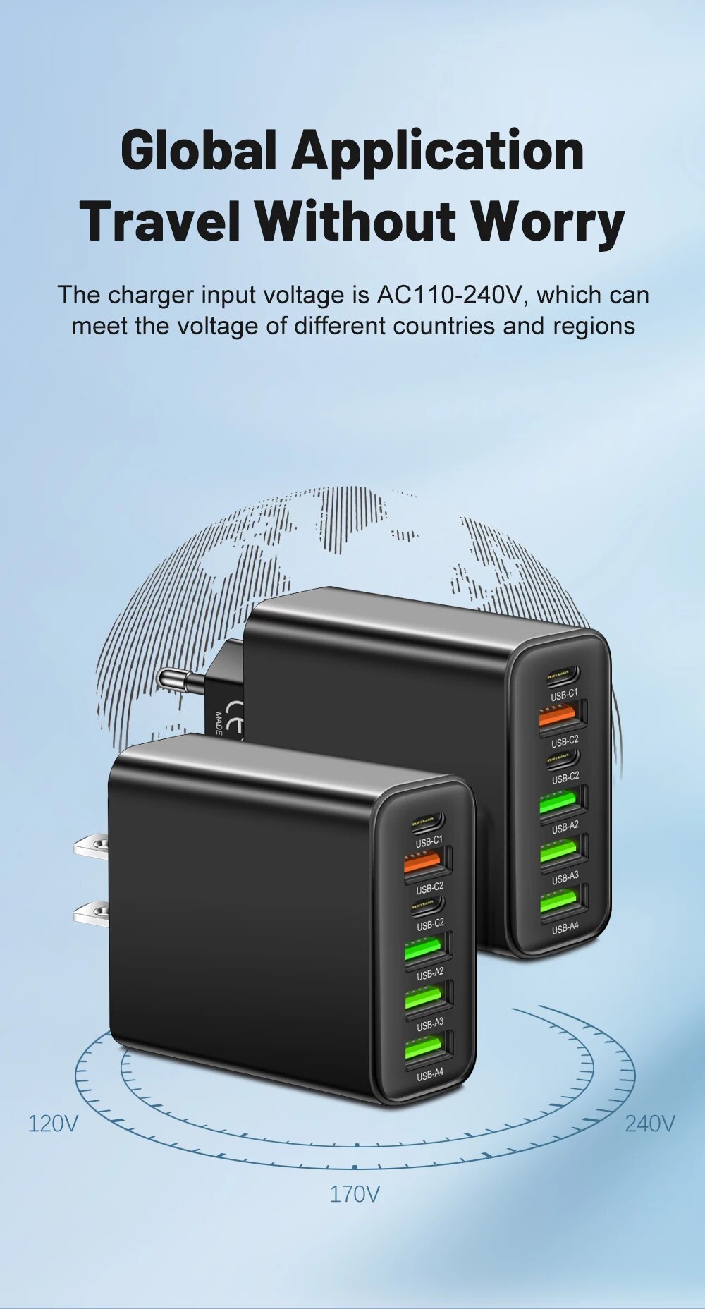 65W 6-Port Wall Charger β 4 USB & 2 Type-C Quick Charge Adapter for iPhone, Samsung, Xiaomi, Huawei, Oppo