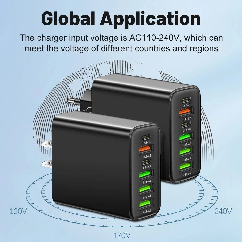 65W 6-Port Wall Charger β 4 USB & 2 Type-C Quick Charge Adapter for iPhone, Samsung, Xiaomi, Huawei, Oppo