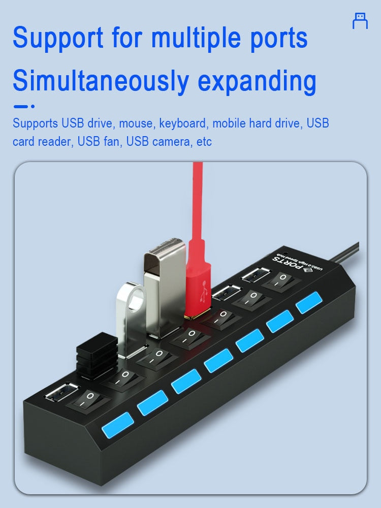 7-Port USB Splitter Hub with Independent Switches – Laptop & Desktop Expander
