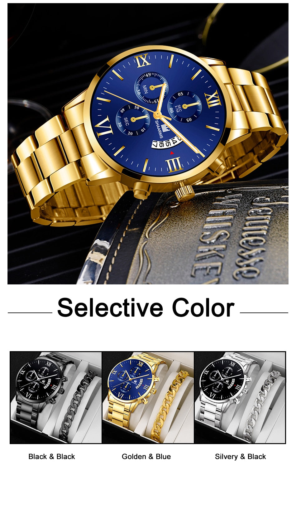 Q-1570 Men’s Fashion Business Quartz Watch with Stainless Steel Band & Bracelet