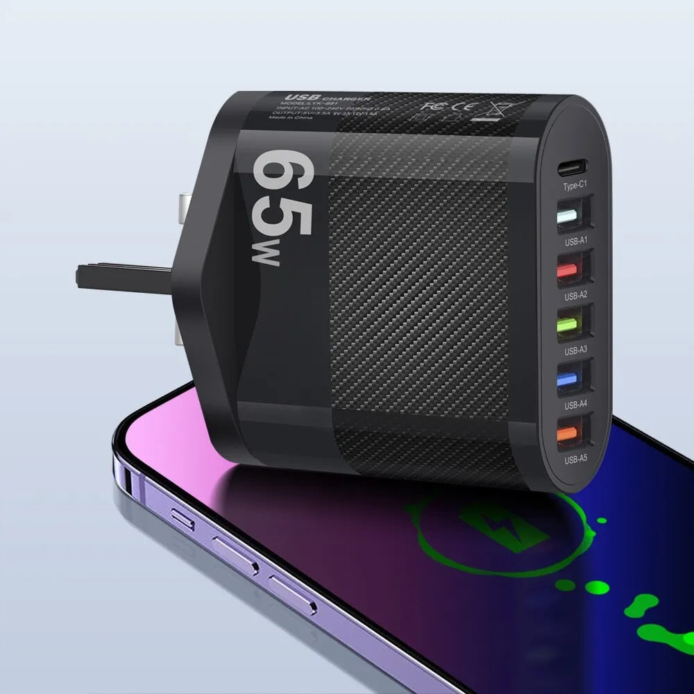 3.1A 5-Port USB Wall Charger 65W PD Adapter | QC 3.0 Fast Charging for iPhone, Samsung, Xiaomi, Huawei