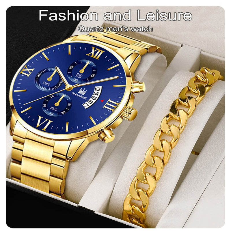 Q-1570 Men’s Fashion Business Quartz Watch with Stainless Steel Band & Bracelet