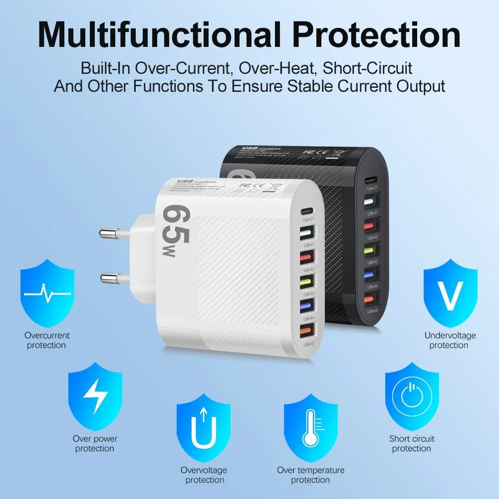 3.1A 5-Port USB Wall Charger 65W PD Adapter | QC 3.0 Fast Charging for iPhone, Samsung, Xiaomi, Huawei