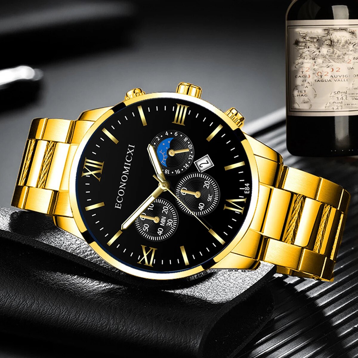Q-3540 Quartz Watch 2Pcs Men’s Fashion Business Casual Quartz Watch & Alloy Bracelet Set