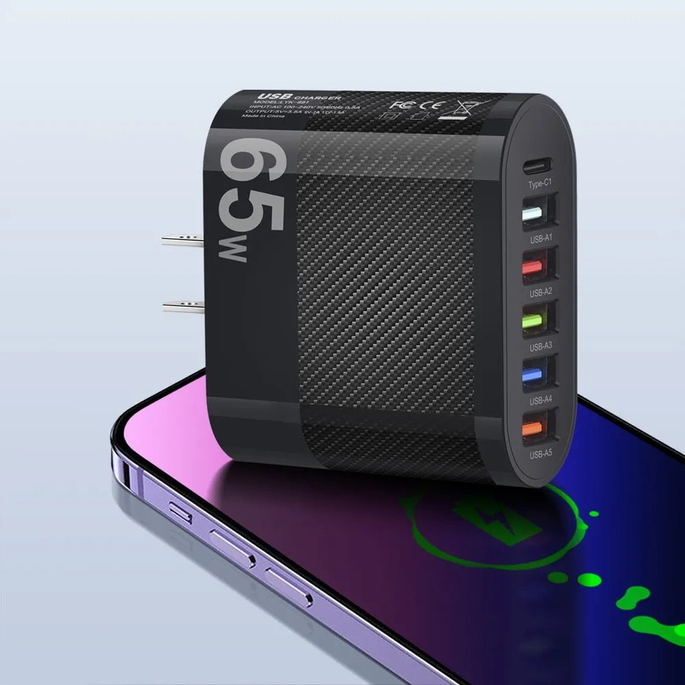 3.1A 5-Port USB Wall Charger 65W PD Adapter | QC 3.0 Fast Charging for iPhone, Samsung, Xiaomi, Huawei